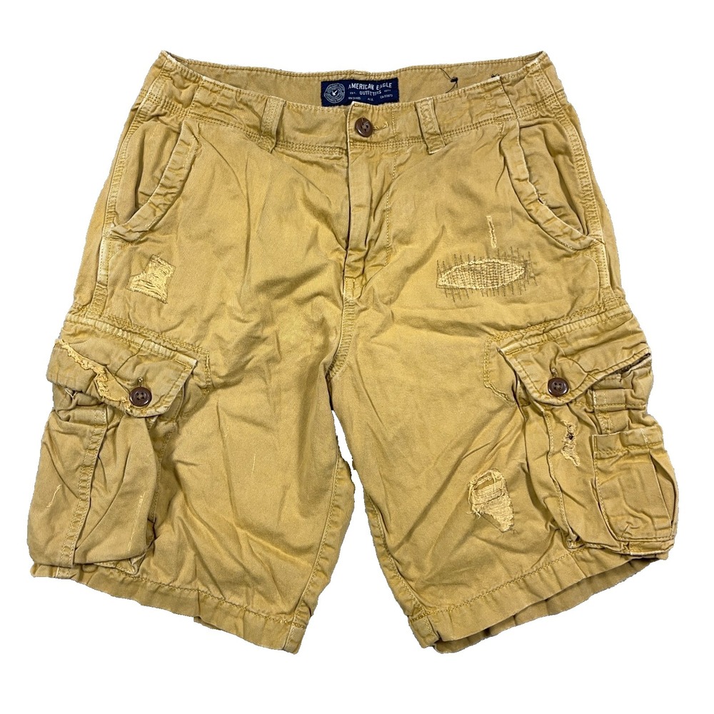 American Eagle Cargo Shorts Men 30 Tan Brown Khaki Classic Fit Retro Distressed
